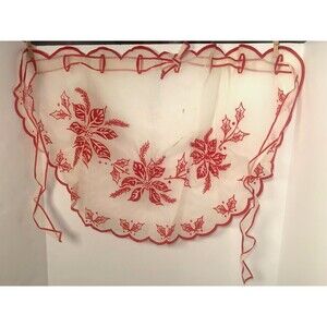 Vintage Christmas Apron Holly Leaves Red White Scalloped Edge Velvet Trim